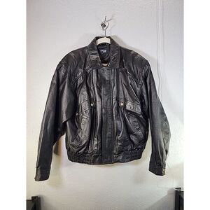 Vtg Duncan Row Jacket Mens Large Black Leather Snap Button Full‎ Zip Pockets